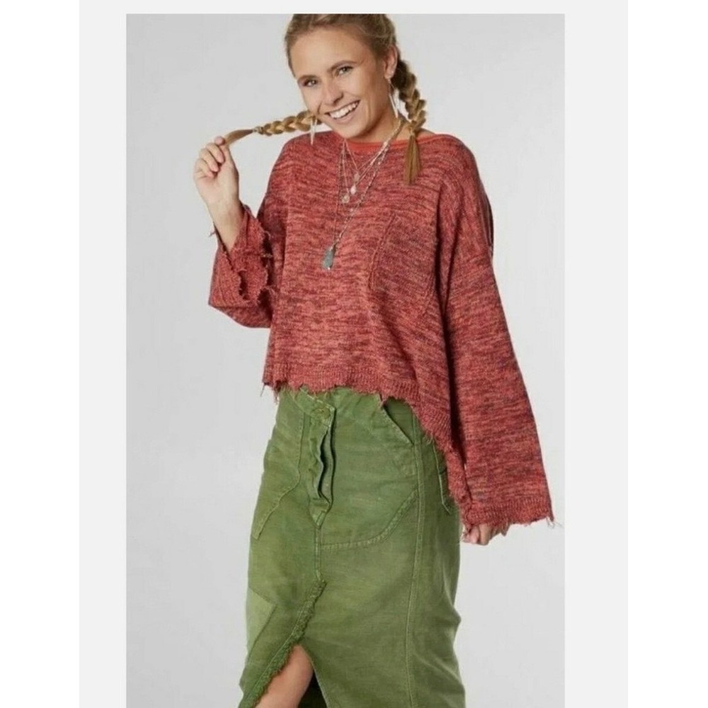 Free People Womens Sunset Space Dye Distressed Oversized Knit Sweater Orange M